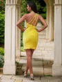 Sheath/Column One-Shoulder sparking Sleeveless Short/Mini Velvet Sequins Homecoming Dresses