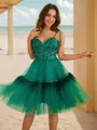 A-line Spaghetti Straps Flowing Sleeveless Knee-Length Tulle Homecoming Dresses
