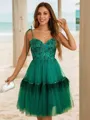 A-line Spaghetti Straps Flowing Sleeveless Knee-Length Tulle Homecoming Dresses