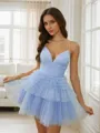 A-line Trendy Spaghetti Straps Tulle Short/Mini Homecoming Dress With Ruffles