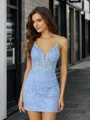 Pretty Sheath/Column Spaghetti Straps Tulle Corset Short/Mini Homecoming Dress With Appliques Lace