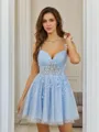 A-line Fashion Spaghetti Straps Tulle Corset Short/Mini Homecoming Dress With Appliques Lace