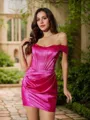 Hot Sheath/Column Off-the-Shoulder Silk like Satin Corset Short/Mini Homecoming Dress With Pleated