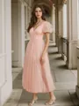 A-line Classic V-neck Short Sleeves Tulle Tea-Length Homecoming Dress With Slit