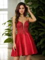 A-line Modest Spaghetti Straps Satin Corset Short/Mini Homecoming Dress With Appliques Lace