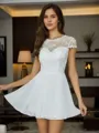 Chic A-line Illusion Short Sleeves Chiffon Short/Mini Homecoming Dress With Appliques Lace