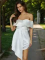 Sheath/Column Straight-cut Off-the-Shoulder Silk like Satin Short/Mini Homecoming Dress With Ruffles