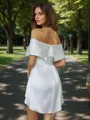 Sheath/Column Straight-cut Off-the-Shoulder Silk like Satin Short/Mini Homecoming Dress With Ruffles