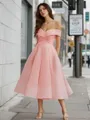 Stylish A-line Off-the-Shoulder Organza Tea-Length Homecoming Dress With Pockets
