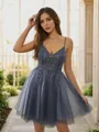 Simple A-line V-neck Tulle Short/Mini Homecoming Dress With Beading