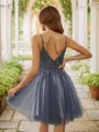 Simple A-line V-neck Tulle Short/Mini Homecoming Dress With Beading