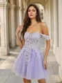 Flowing A-line Off-the-Shoulder Tulle Corset Short/Mini Homecoming Dress With Appliques Lace