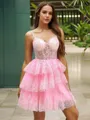 Ball-Gown Dreamy V-neck Tulle Corset Short/Mini Homecoming Dress With Appliques Lace