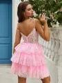 Ball-Gown Dreamy V-neck Tulle Corset Short/Mini Homecoming Dress With Appliques Lace