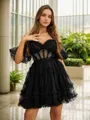Balanced A-line Off-the-Shoulder Short Sleeves Tulle Corset Short/Mini Homecoming Dress With Ruffles