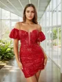 Neat Sheath/Column Spaghetti Straps Short Sleeves Lace Corset Convertible Short/Mini Homecoming Dress With Sequin