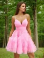 Elegant A-line V-neck Tulle Short/Mini Homecoming Dress With Cascading Ruffles