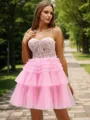 Ball-Gown Flowy Sweetheart Tulle Corset Short/Mini Homecoming Dress With Appliques Lace