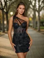 Sheath/Column Trendy One-Shoulder Tulle Corset Short/Mini Homecoming Dress With Appliques Lace
