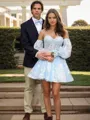 A-line Unique Sweetheart Long Sleeves Lace Corset Short/Mini Homecoming Dress With Appliques Lace