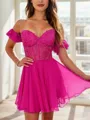 Exquisite A-line Sweetheart Short Sleeves Chiffon Corset Short/Mini Homecoming Dress With Appliques Lace