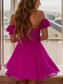 Exquisite A-line Sweetheart Short Sleeves Chiffon Corset Short/Mini Homecoming Dress With Appliques Lace