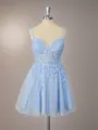 A-line Fashion Spaghetti Straps Tulle Corset Short/Mini Homecoming Dress With Appliques Lace