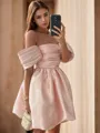 A-line Fashion Off-the-Shoulder Satin Short/Mini Homecoming Dress With Pleated