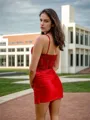 Flattering Sheath/Column V-neck Silk Like Satin Corset Short/Mini Homecoming Dress With Appliques Lace