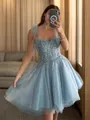 A-line Charming Straps Tulle Corset Short/Mini Homecoming Dress With Appliques Lace