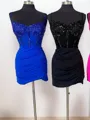 Sheath/Column Form-fitting Spaghetti Straps Jersey Corset Short/Mini Homecoming Dress With Appliques Lace