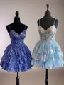 Modest A-line V-neck Tulle Corset Short/Mini Homecoming Dress With Appliques Lace