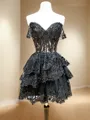 A-line Balanced Off-the-Shoulder Tulle Corset Short/Mini Homecoming Dress With Appliques Lace