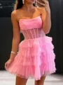 Unique A-line Straight Cascading Ruffles Short/Mini Tulle Corset Homecoming Dress