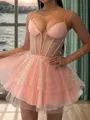 Splendid A-line Spaghetti Straps Sequin Short/Mini Tulle Corset Homecoming Dress