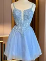 Elegant A-line V-Neck Appliques Lace Short/Mini Tulle Corset Homecoming Dress