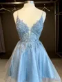 Dreamy A-line V-Neck Appliques Lace Short/Mini Satin Homecoming Dress