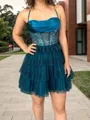Glam A-line Halter Cascading Ruffles Short/Mini Silk Like Satin Corset Homecoming Dress