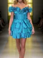 Exquisite A-line Off-the-Shoulder Cascading Ruffles Short/Mini Taffeta Corset Homecoming Dress