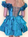 Exquisite A-line Off-the-Shoulder Cascading Ruffles Short/Mini Taffeta Corset Homecoming Dress