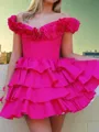 Exquisite A-line Off-the-Shoulder Cascading Ruffles Short/Mini Taffeta Corset Homecoming Dress