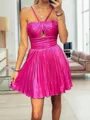 Classy A-line Halter Ruffles Short/Mini Metallic Satin Homecoming Dress
