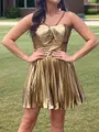 Classy A-line Halter Ruffles Short/Mini Metallic Satin Homecoming Dress