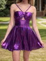 Classy A-line Halter Ruffles Short/Mini Metallic Satin Homecoming Dress
