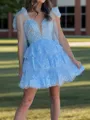 Modest A-line V-Neck Cascading Ruffles Short/Mini Tulle Corset Homecoming Dress