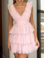 Timeless A-line V-Neck Cascading Ruffles Short/Mini Tulle Homecoming Dress