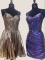 Hot Straps A-line Spaghetti Pleated Short/Mini Metallic Satin Corset Homecoming Dress