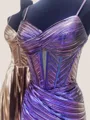 Hot Straps A-line Spaghetti Pleated Short/Mini Metallic Satin Corset Homecoming Dress