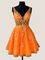 V-Neck A-line Enchanting Appliques Lace Short/Mini Tulle Corset Homecoming Dress