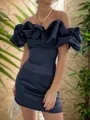 Mesmerizing Sheath Off-the-Shoulder Pleated Short/Mini Satin Homecoming Dress